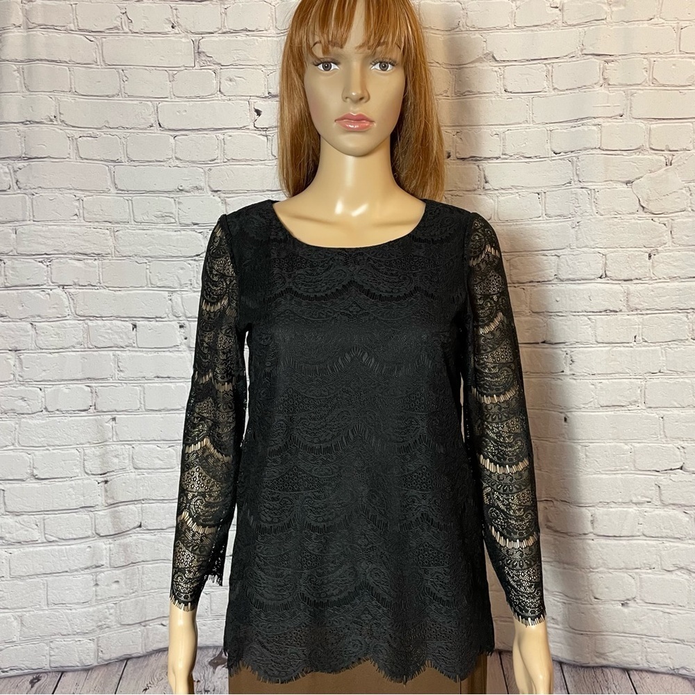 Adrianna Papell Black Lace 3/4 Sleeve Blouse Size S